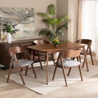 Baxton Studio WM1900B-Smoke/Walnut-5PC Dining Set Danton Mid-Century Modern Grey Fabric Upholstered and Walnut Brown Finished Wood 5-Piece Dining Set 